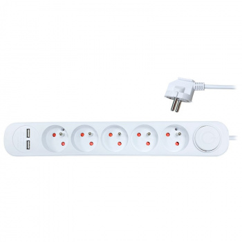 Predlžovací prívod 5 zásuviek, USB A+A nabíjačka 12W, 3m, 3 x 1mm2, biely, vypínač