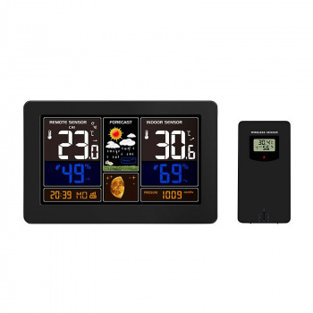 Meteostanica, aplikácia Smart Life, extra veľký farebný LCD, teplota, vlhkosť, tlak, USB nabíjanie, čierna