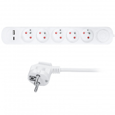 Predlžovací prívod 5 zásuviek, USB A+C nabíjačka 12W, 3m, 3 x 1mm2, biely, vypínač