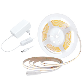 LED COB pásik, sada s adaptérom, vypínač, 5m, 8W/m, 800lm/m, teplá biela