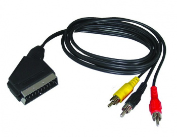 SCART kábel, SCART konektor - 3x CINCH konektor, prepínateľný, 1m, sáčok